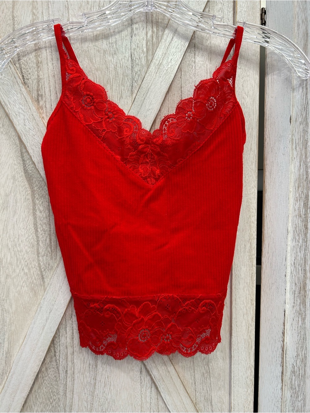 Active Basic Red Ribbed Lace-Trim Cami